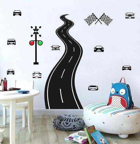 Large Road Wall Sticker Road Sign Peel and Stick Wall Decals Race Car Wall Stickers Removable Track Highway Vinyl Stickers Traffic Cars Sport Wall Decals for Kids Room Boys Bedroom Decor in Saudi Arabia