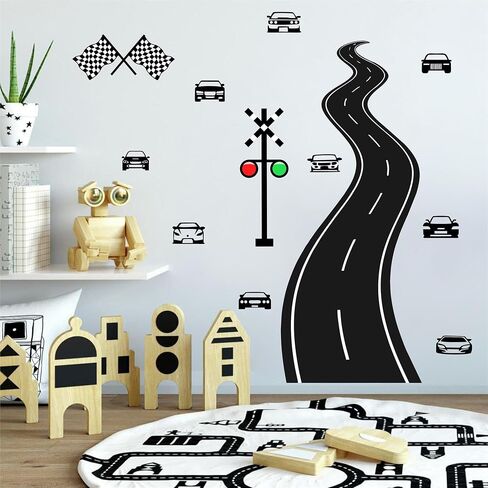 Large Road Wall Sticker Road Sign Peel and Stick Wall Decals Race Car Wall Stickers Removable Track Highway Vinyl Stickers Traffic Cars Sport Wall Decals for Kids Room Boys Bedroom Decor in Saudi Arabia