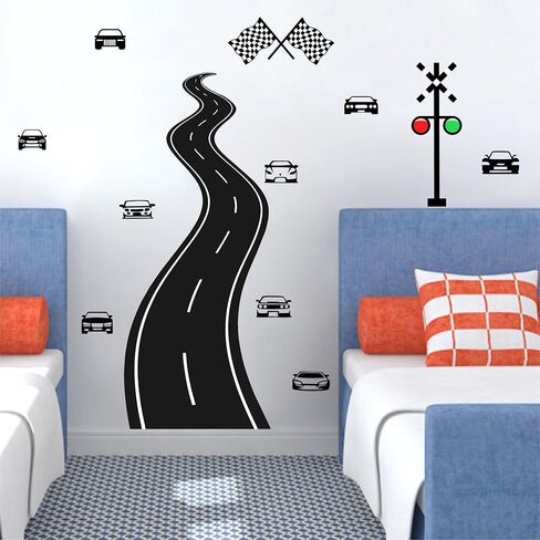 Large Road Wall Sticker Road Sign Peel and Stick Wall Decals Race Car Wall Stickers Removable Track Highway Vinyl Stickers Traffic Cars Sport Wall Decals for Kids Room Boys Bedroom Decor in Saudi Arabia