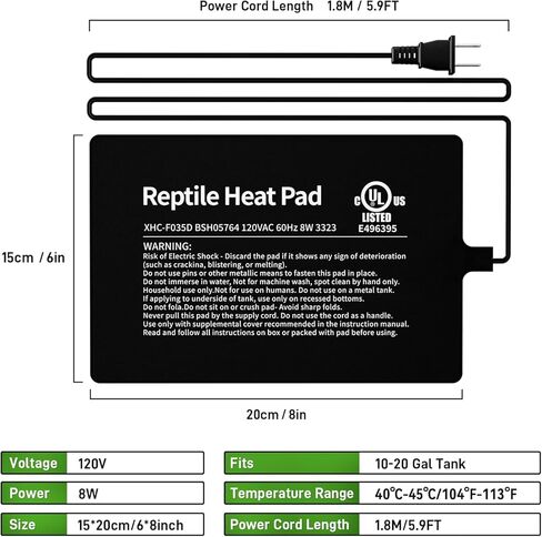 BUCATSTATE Reptile Heat Pad Under Tank Heater, 6 * 8 Inch 8W MET Certified Terrarium Heating Pad Mat for Hermit/Lizard/Spider/Frog/Turtle/Snake/Plant 10-20gal Tank in Kuwait