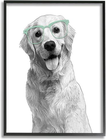 Stupell Industries Monochrome Golden Retriever Dog Smiling Glasses, Design by Annalisa Latella, White, 16 x 20 in Saudi Arabia