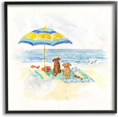 Stupell Industries Cute Playful Dogs Relaxing Beach Umbrella Shoreline Painting, Design by Sally Swatland in Saudi Arabia