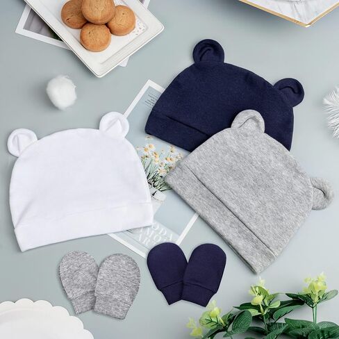 Newborn Baby Hat and Mittens Set Bear Ears Toddler Infant Beanie Caps Newborn Hospital Hat for Baby Boy Girl 0-3 Months in Saudi Arabia