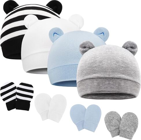 Newborn Baby Hat and Mittens Set Bear Ears Toddler Infant Beanie Caps Newborn Hospital Hat for Baby Boy Girl 0-3 Months in Saudi Arabia