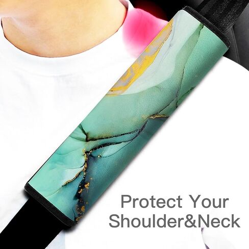 غطاء وسادة حزام مقعد السيارة من موكيوالا، عبوة من قطعتين ناعمة لحزام امان السيارة وسادة كتف للبالغين والاطفال، مناسب لحزام مقعد السيارة وشنطة الظهر وشنطة الكتف (لون اخضر رخامي) in Kuwait