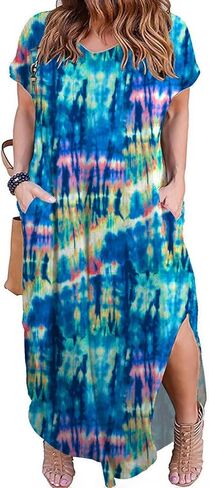 HBEYYTO Women's Plus Size Maxi Dresses V Neck Casual Short Sleeve Loose Pocket Slits Long Dress XL-5XL in Saudi Arabia