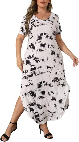 HBEYYTO Women's Plus Size Maxi Dresses V Neck Casual Short Sleeve Loose Pocket Slits Long Dress XL-5XL in Saudi Arabia