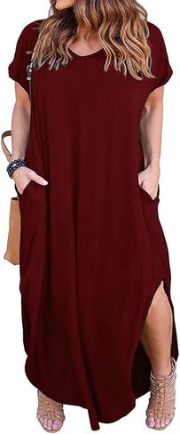 HBEYYTO Women's Plus Size Maxi Dresses V Neck Casual Short Sleeve Loose Pocket Slits Long Dress XL-5XL in Saudi Arabia