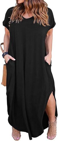HBEYYTO Women's Plus Size Maxi Dresses V Neck Casual Short Sleeve Loose Pocket Slits Long Dress XL-5XL in Saudi Arabia