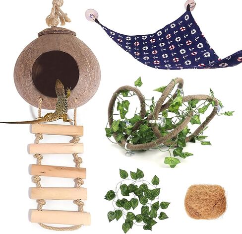 Crested Gecko Tank Accessories, Coconut Hut with Ladder Reptile Hammock Colorful Hanging Plants Jungle Climber Vine Coco Shell Hideout Habitat Decor for Bearded Dragon Lizard Gecko Snake in Kuwait