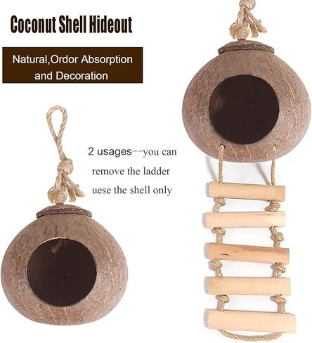 Crested Gecko Tank Accessories, Coconut Hut with Ladder Reptile Hammock Colorful Hanging Plants Jungle Climber Vine Coco Shell Hideout Habitat Decor for Bearded Dragon Lizard Gecko Snake in Kuwait