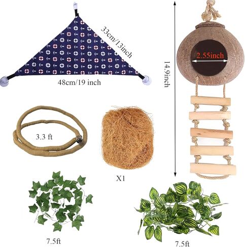 Crested Gecko Tank Accessories, Coconut Hut with Ladder Reptile Hammock Colorful Hanging Plants Jungle Climber Vine Coco Shell Hideout Habitat Decor for Bearded Dragon Lizard Gecko Snake in Kuwait