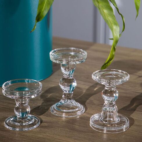 Denique Glass Candle Holder Set of 3, Clear Crystal Candlestick Holders for Pillar Taper Candle and Tealight, for Home Dinner Table Wedding Party Home Decor in Kuwait