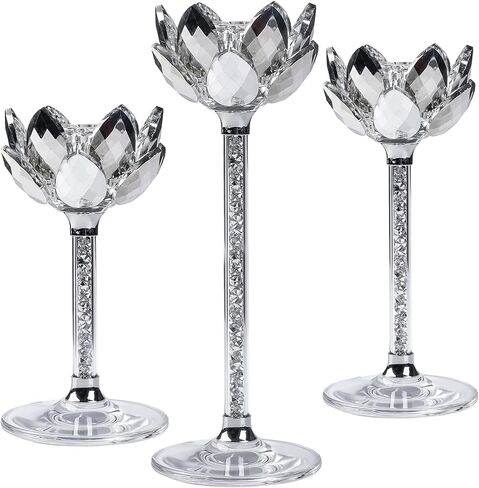 مجموعة حوامل شمعدان كريستال اللوتس مكونة من 3 حوامل شموع زجاجية شفافة مملوءة بالألماس الفضي رائعة لديكور المنزل على حافة نافذة المذبح ومستلزمات حفلات الزفاف وعيد الميلاد (فضي) in Kuwait