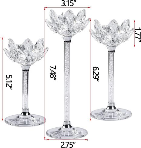 مجموعة حوامل شمعدان كريستال اللوتس مكونة من 3 حوامل شموع زجاجية شفافة مملوءة بالألماس الفضي رائعة لديكور المنزل على حافة نافذة المذبح ومستلزمات حفلات الزفاف وعيد الميلاد (فضي) in Kuwait