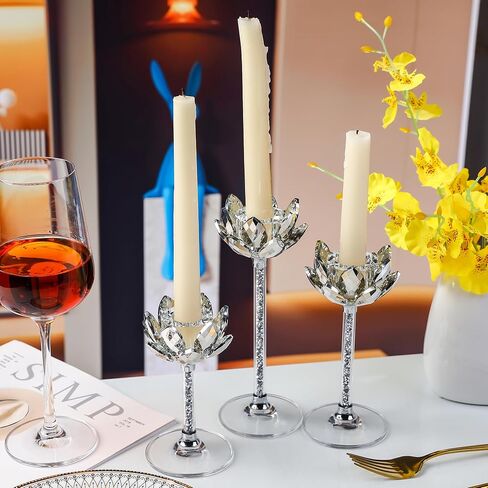 مجموعة حوامل شمعدان كريستال اللوتس مكونة من 3 حوامل شموع زجاجية شفافة مملوءة بالألماس الفضي رائعة لديكور المنزل على حافة نافذة المذبح ومستلزمات حفلات الزفاف وعيد الميلاد (فضي) in Kuwait