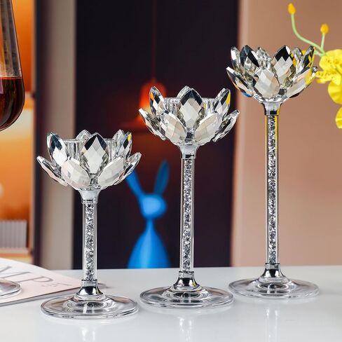 مجموعة حوامل شمعدان كريستال اللوتس مكونة من 3 حوامل شموع زجاجية شفافة مملوءة بالألماس الفضي رائعة لديكور المنزل على حافة نافذة المذبح ومستلزمات حفلات الزفاف وعيد الميلاد (فضي) in Kuwait