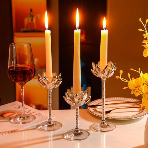 مجموعة حوامل شمعدان كريستال اللوتس مكونة من 3 حوامل شموع زجاجية شفافة مملوءة بالألماس الفضي رائعة لديكور المنزل على حافة نافذة المذبح ومستلزمات حفلات الزفاف وعيد الميلاد (فضي) in Kuwait