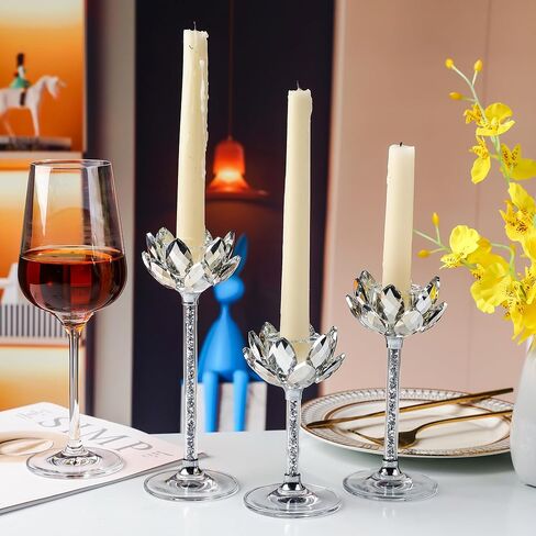 مجموعة حوامل شمعدان كريستال اللوتس مكونة من 3 حوامل شموع زجاجية شفافة مملوءة بالألماس الفضي رائعة لديكور المنزل على حافة نافذة المذبح ومستلزمات حفلات الزفاف وعيد الميلاد (فضي) in Kuwait