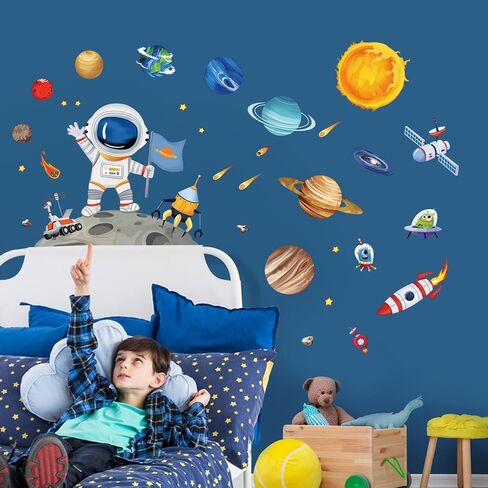 wondever Outer Space Astronaut Wall Stickers Planets Rocket Peel and Stick Wall Art Decals for Baby Nursery Kids Bedroom Playroom in Saudi Arabia