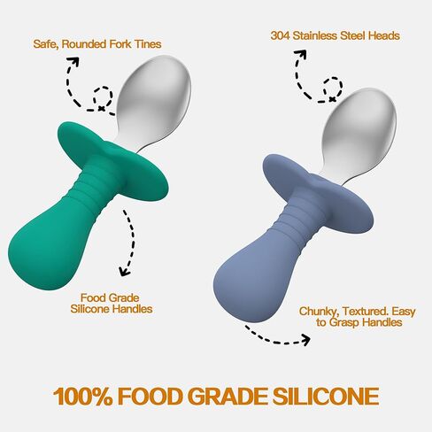 4 Pcs Baby Spoons Toddler Spoons for Self Feeding, Kids Spoons with Silicone Round Handle, Stainless Steel Toddler Utensils Children Safe Silverware Set, Anti-Choke Design, BPA Free in Kuwait
