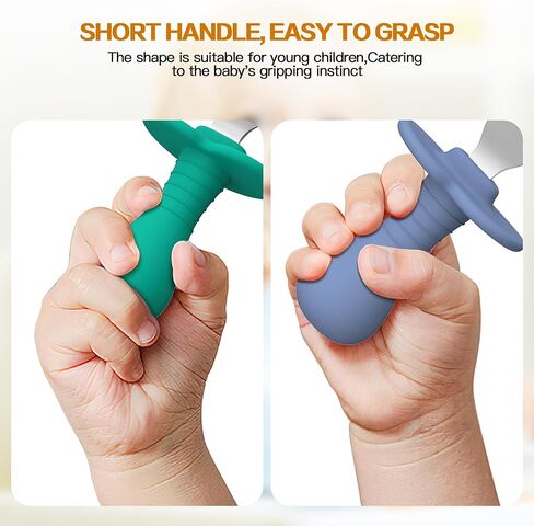 4 Pcs Baby Spoons Toddler Spoons for Self Feeding, Kids Spoons with Silicone Round Handle, Stainless Steel Toddler Utensils Children Safe Silverware Set, Anti-Choke Design, BPA Free in Kuwait