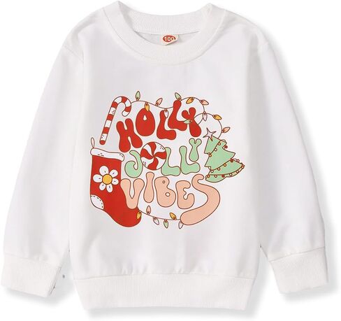 IZYJOY Toddler Baby Girl Christmas Sweatshirt Holly Xmas Jolly Vibes Letter Crewneck Tee Tree Stockings Graphic Pullover Top in Kuwait