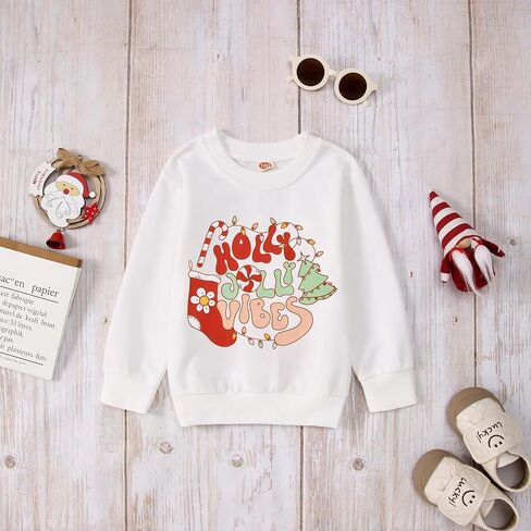 IZYJOY Toddler Baby Girl Christmas Sweatshirt Holly Xmas Jolly Vibes Letter Crewneck Tee Tree Stockings Graphic Pullover Top in Kuwait