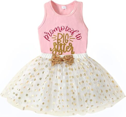 LYQTloml طفل أطفال طفل الفتيات الفتيات ملابس الأخت الكبرى طويلة الأكمام تي شيرت تانك الأعلى نقطة شبكة توتو 2 قطعة مجموعة كيرت in Kuwait