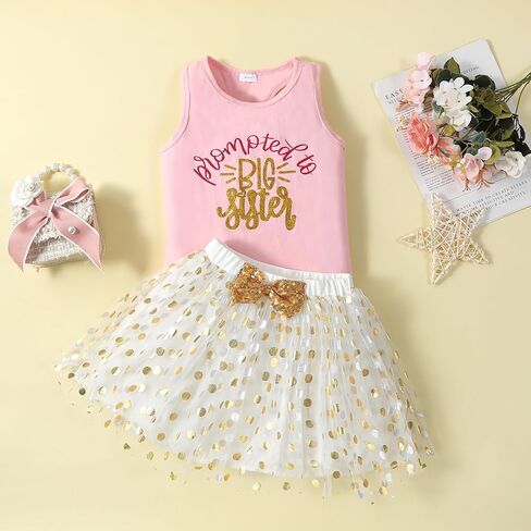 LYQTloml طفل أطفال طفل الفتيات الفتيات ملابس الأخت الكبرى طويلة الأكمام تي شيرت تانك الأعلى نقطة شبكة توتو 2 قطعة مجموعة كيرت in Kuwait