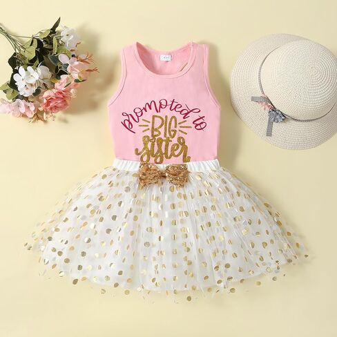 LYQTloml طفل أطفال طفل الفتيات الفتيات ملابس الأخت الكبرى طويلة الأكمام تي شيرت تانك الأعلى نقطة شبكة توتو 2 قطعة مجموعة كيرت in Kuwait