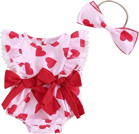 Murnouche Newborn Baby Girl Valentines Day Outfit Heart Print Ribbed Ruffle Long Sleeve Romper Dress with Headband in Kuwait