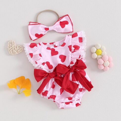 Murnouche Newborn Baby Girl Valentines Day Outfit Heart Print Ribbed Ruffle Long Sleeve Romper Dress with Headband in Kuwait