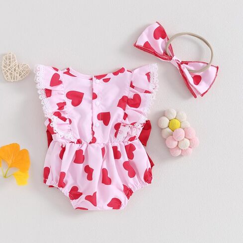 Murnouche Newborn Baby Girl Valentines Day Outfit Heart Print Ribbed Ruffle Long Sleeve Romper Dress with Headband in Kuwait