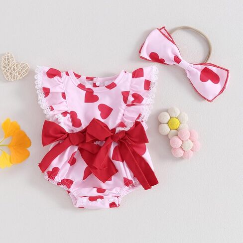 Murnouche Newborn Baby Girl Valentines Day Outfit Heart Print Ribbed Ruffle Long Sleeve Romper Dress with Headband in Kuwait