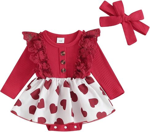 Murnouche Newborn Baby Girl Valentines Day Outfit Heart Print Ribbed Ruffle Long Sleeve Romper Dress with Headband in Kuwait