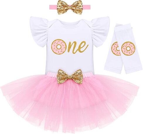 IDOPIP Baby Girls Donut 1/2 1st 2nd 3rd Birthday Outfit Romper Tutu Skirt Headband Leg Warmers for Cake Smash Photo Shoot in Kuwait