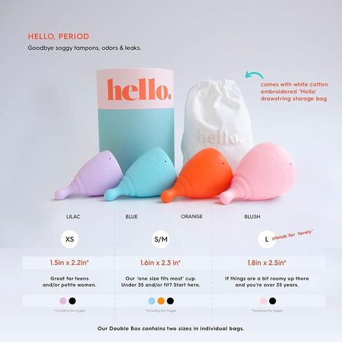 The Hello Cup Menstrual Cups Double Box, BPA Free, Reusable, Hypoallergenic, Recyclable, Medical Grade TPE, No Silicone, No Rubber, No Latex, XS Black & S / M Black, 1 box in Kuwait