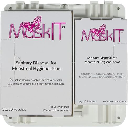 ماسك ايت مجموعة كشك واحد - 1 موزع ابيض قابل للتقشير واللصق مع 50 كيس مناديل صحية و50 كيس للتخلص من السدادات القطنية + لافتات تعليمية + مفتاحين - مستلزمات الحمام للمنزل والعمل in Kuwait