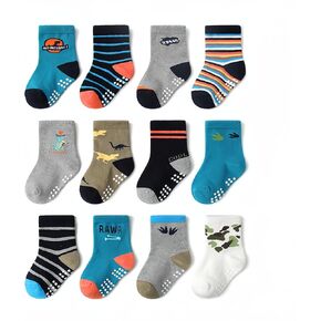 جوارب JUNOAI للأطفال الصغار مضادة للانزلاق - جوارب قطنية مضادة للانزلاق مع مقابض للأطفال الرضع من عمر 0 ​​إلى 7 سنوات (عبوة من 12 قطعة) in Kuwait