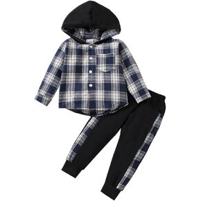 FOCUTEBB Toddler Baby Boys Clothes Fall Winter Outfits Lattice Button Down Long Sleeve Plaid Shirt Hoodied Tops Pants Sets