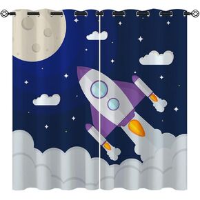 Cartoon Rocket Blackout Curtains for Girls Boy Home Decor, Space Galaxy Planets Adventure Blue Grommet Thermal Insulated Drapes Darkening Window Curtain for Bedroom Living Room, 42 x 45 Inch in Kuwait