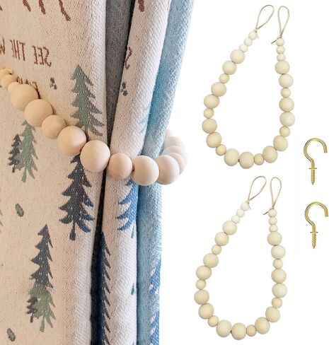 Set of 2 Wood Bead Curtain Tieback, Boho Curtain Holdbacks, Farmhouse Decorative Curtain Holders for Drapes (Round) in Kuwait