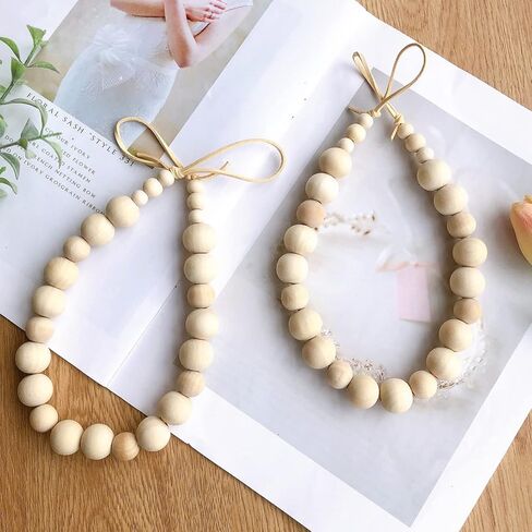 Set of 2 Wood Bead Curtain Tieback, Boho Curtain Holdbacks, Farmhouse Decorative Curtain Holders for Drapes (Round) in Kuwait