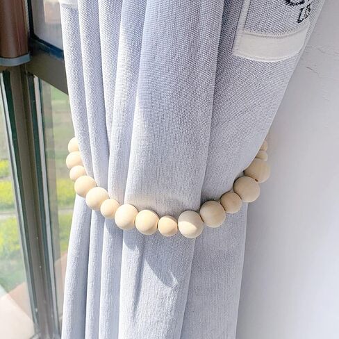 Set of 2 Wood Bead Curtain Tieback, Boho Curtain Holdbacks, Farmhouse Decorative Curtain Holders for Drapes (Round) in Kuwait