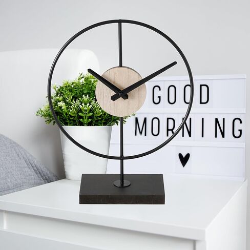 WHW Whole House Worlds Mid-Century Modern Desktop Clock, Black, Wood Grain Detail, Quartz Movement, Iron, Round, Mounted, Rectangular Base, 12.25 Inches, 1 AA Battery (Not Included) in Saudi Arabia