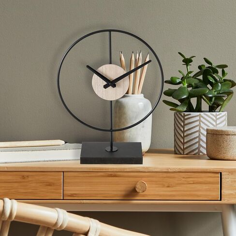 WHW Whole House Worlds Mid-Century Modern Desktop Clock, Black, Wood Grain Detail, Quartz Movement, Iron, Round, Mounted, Rectangular Base, 12.25 Inches, 1 AA Battery (Not Included) in Saudi Arabia
