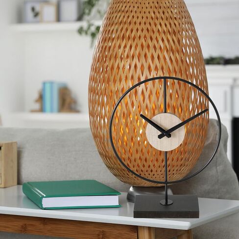 WHW Whole House Worlds Mid-Century Modern Desktop Clock, Black, Wood Grain Detail, Quartz Movement, Iron, Round, Mounted, Rectangular Base, 12.25 Inches, 1 AA Battery (Not Included) in Saudi Arabia