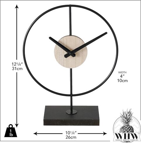 WHW Whole House Worlds Mid-Century Modern Desktop Clock, Black, Wood Grain Detail, Quartz Movement, Iron, Round, Mounted, Rectangular Base, 12.25 Inches, 1 AA Battery (Not Included) in Saudi Arabia