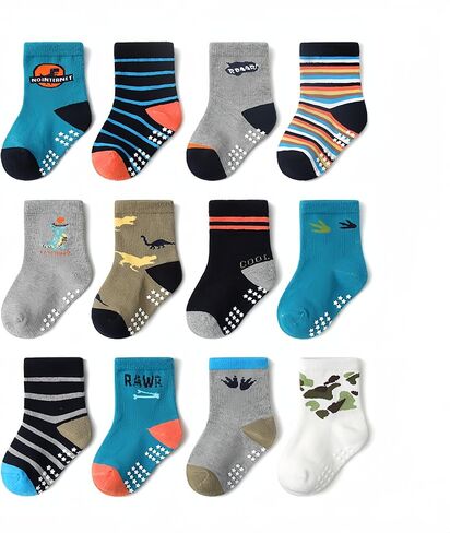 جوارب JUNOAI للأطفال الصغار مضادة للانزلاق - جوارب قطنية مضادة للانزلاق مع مقابض للأطفال الرضع من عمر 0 ​​إلى 7 سنوات (عبوة من 12 قطعة) in Kuwait